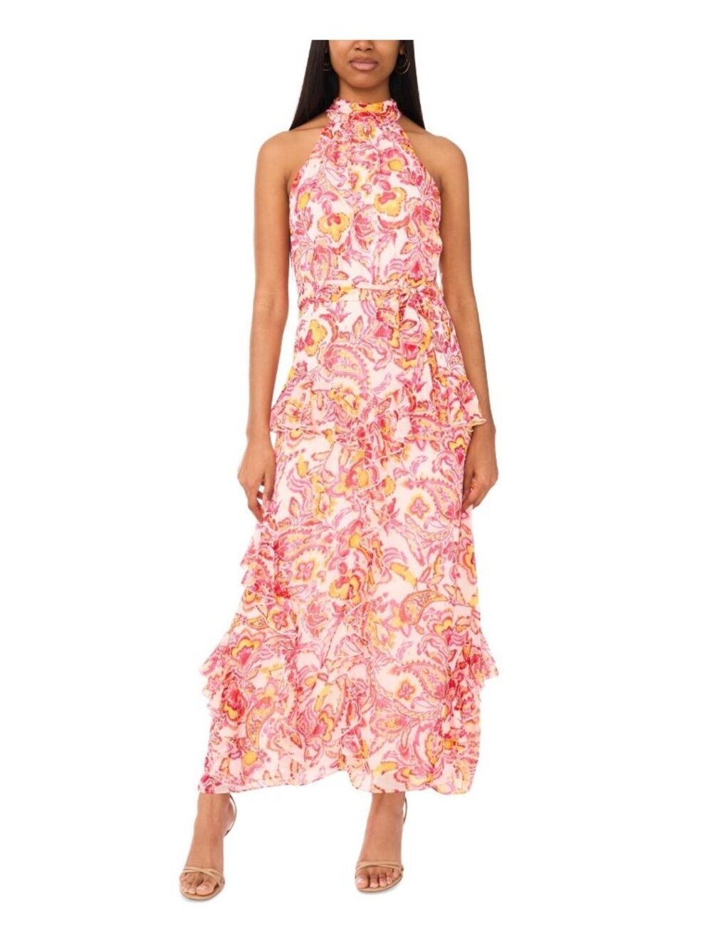 CeCe Women's Printed Sleeveless Tiered-Ruffle-Trim Dress Pink Ivory Size 8 $119